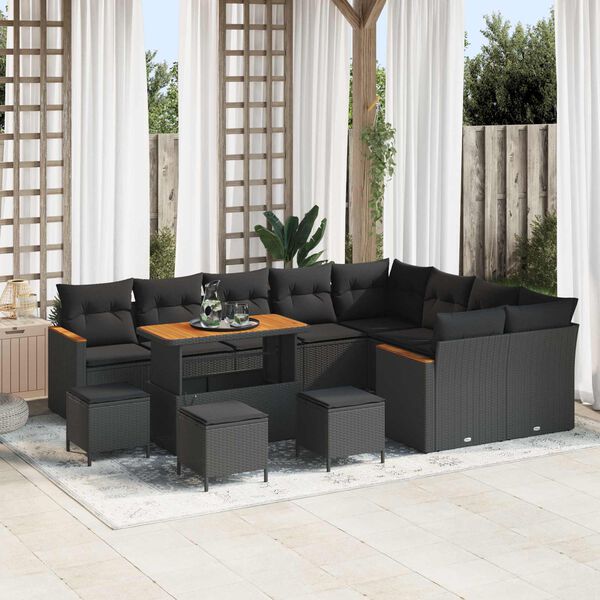 vidaXL Garden Sofa Set with Cushion 13 pcs Black Poly Rattan