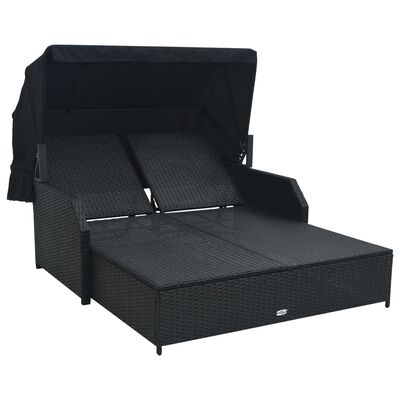 vidaXL 2-Person Sun Lounger with Canopy Poly Rattan Black
