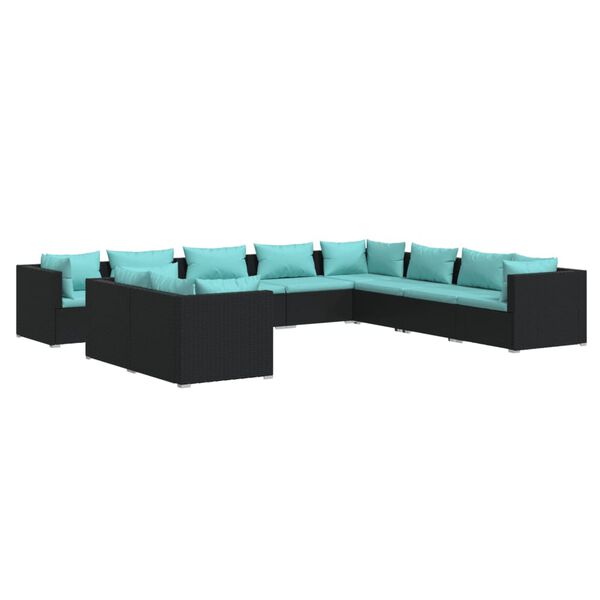 vidaXL 10 Piece Garden Lounge Set with Cushions Black Poly Rattan