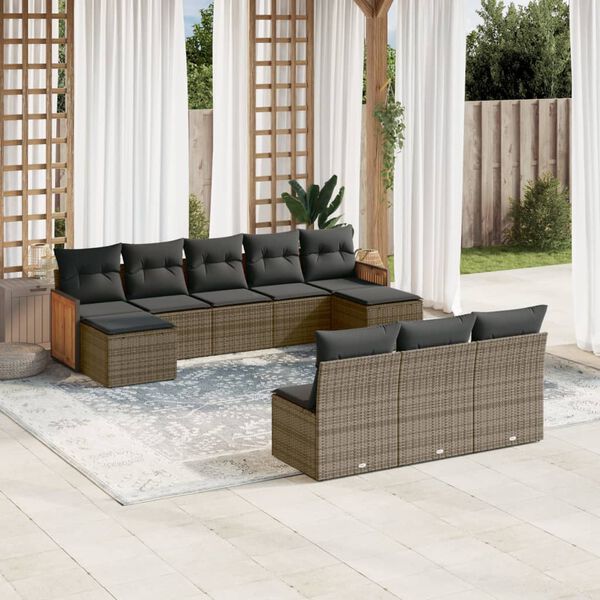 vidaXL 10 Piece Garden Sofa Set with Cushions Grey Poly Rattan