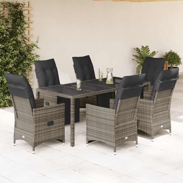 vidaXL 7 Piece Garden Bistro Set with Cushions Grey Poly Rattan