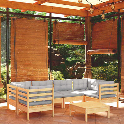 vidaXL 7 Piece Garden Lounge Set with Grey Cushions Pinewood