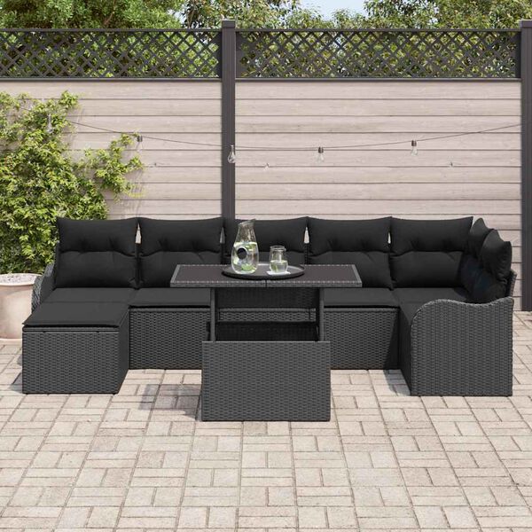 vidaXL Garden Sofa Set with Cushion 8 pcs Black Poly rattan