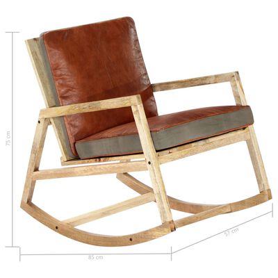 vidaXL Rocking Chair Brown Real Leather and Solid Mango Wood