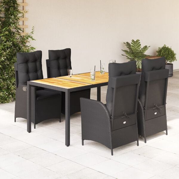 vidaXL 5 Piece Garden Dining Set with Cushions Black Poly Rattan