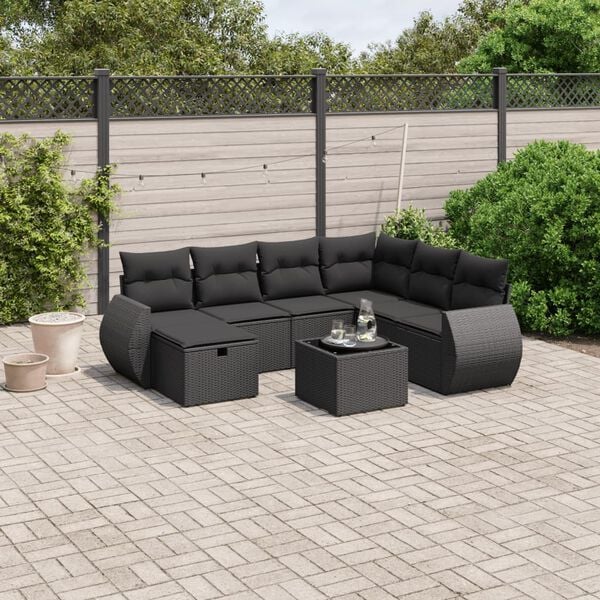 vidaXL 8 Piece Garden Sofa Set with Cushions Black Poly Rattan