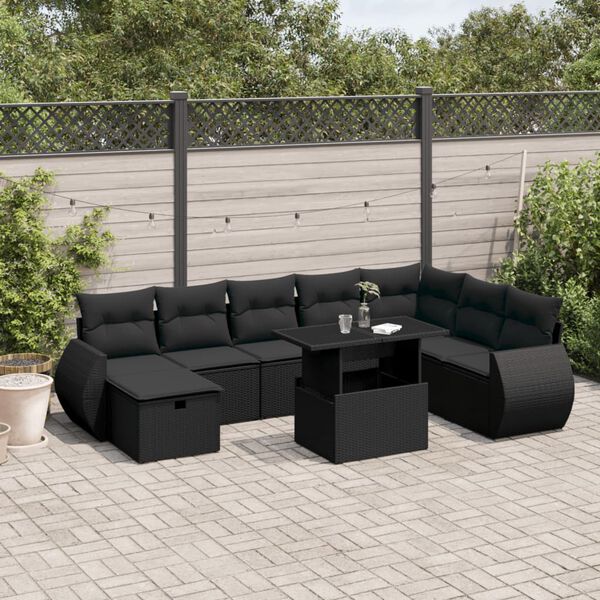 vidaXL 9 Piece Garden Sofa Set with Cushions Black Poly Rattan