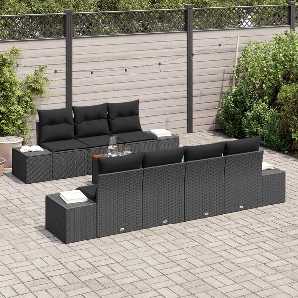 vidaXL Garden Sofa Set with Storage 8 pcs Black Poly Rattan