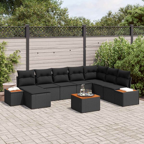 vidaXL Garden Sofa Set with Cushion 9 pcs Black Poly Rattan