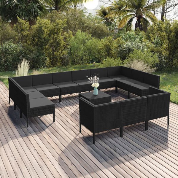 vidaXL 14 Piece Garden Lounge Set with Cushions Poly Rattan Black