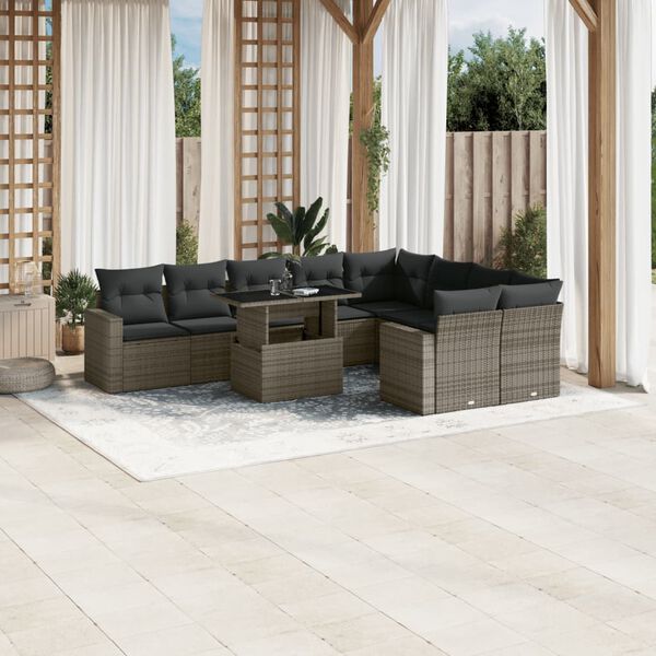 vidaXL 10 Piece Garden Sofa Set with Cushions Grey Poly Rattan