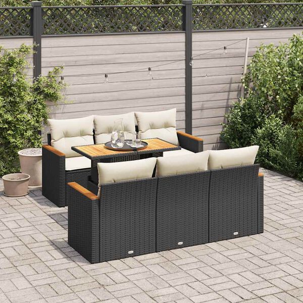 vidaXL 7 Piece Garden Sofa Set with Cushions Black Poly Rattan Acacia