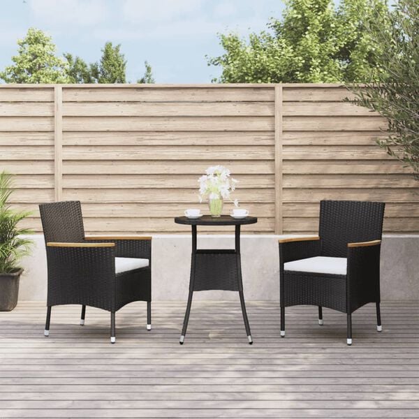vidaXL 3 Piece Garden Bistro Set with Cushions Black Poly Rattan