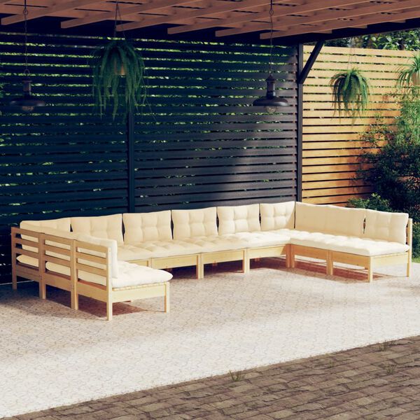 vidaXL 10 Piece Garden Lounge Set with Cream Cushions Solid Pinewood