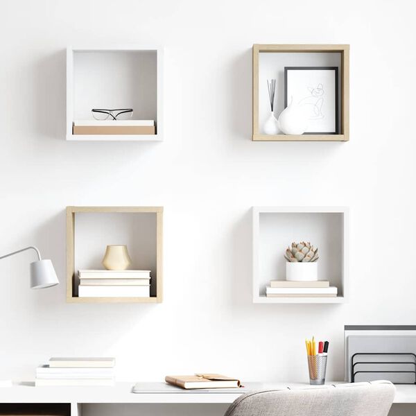 vidaXL Wall Cube Shelves 4 pcs White and Sonoma Oak 26x15x26 cm