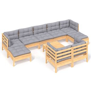 vidaXL 10 Piece Garden Lounge Set with Grey Cushions Solid Pinewood