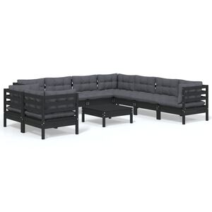 vidaXL 10 Piece Garden Lounge Set with Cushions Black Solid Pinewood