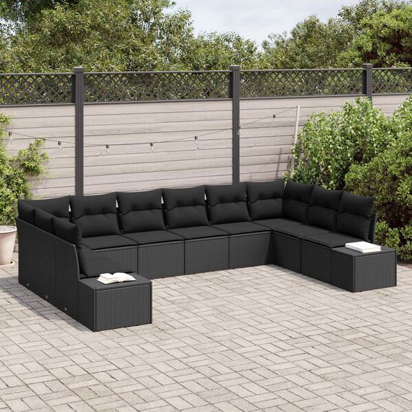 vidaXL Garden Sofa Set with Cushion 10 pcs Black Poly Rattan