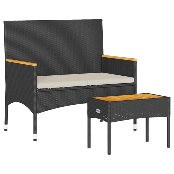 vidaXL Garden Bench 2-Seater with Cushions and Table Black Poly Rattan