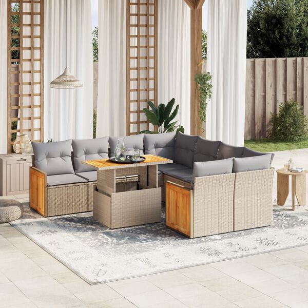 vidaXL 9 Piece Garden Sofa Set with Cushions Beige Poly Rattan
