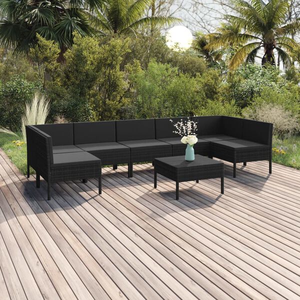 vidaXL 8 Piece Garden Lounge Set with Cushions Poly Rattan Black