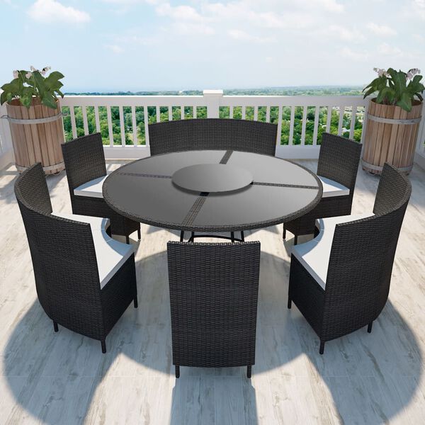 vidaXL 7 Piece Outdoor Dining Set with Cushions Poly Rattan Black