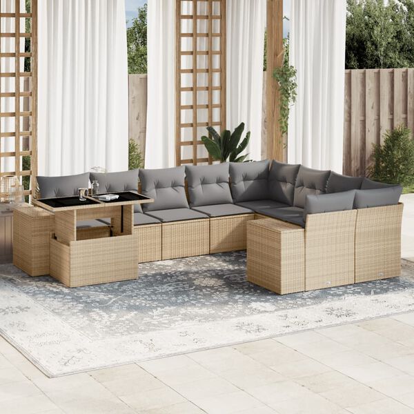 vidaXL 10 Piece Garden Sofa Set with Cushions Beige Poly Rattan