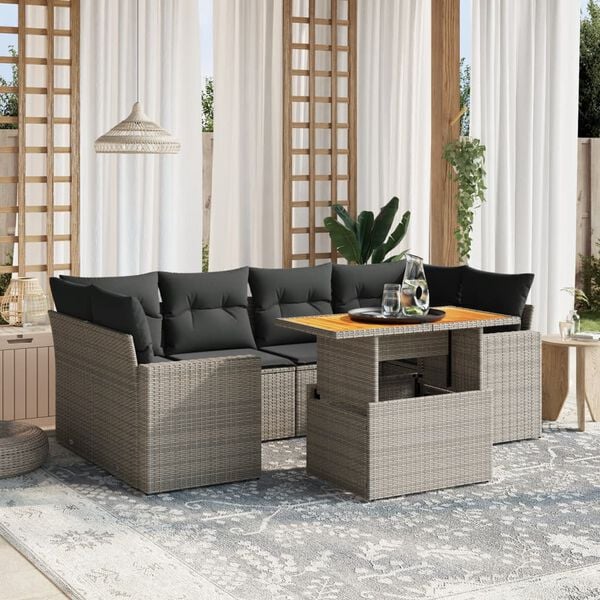 vidaXL 7 Piece Garden Sofa Set with Cushions Grey Poly Rattan