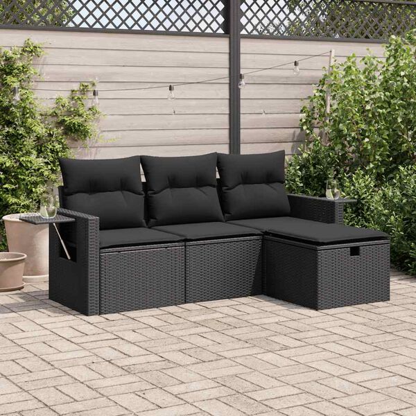 vidaXL 4 Piece Garden Sofa Set with Cushions Black Poly Rattan