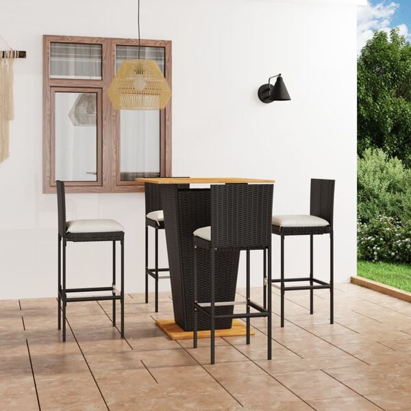 vidaXL 5 Piece Garden Bar Set with Cushions Poly Rattan Black