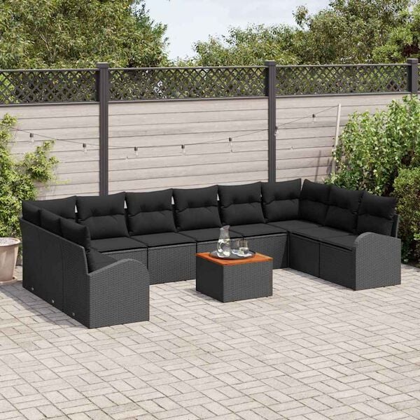 vidaXL Garden Sofa Set with Cushion 11 pcs Black Poly Rattan