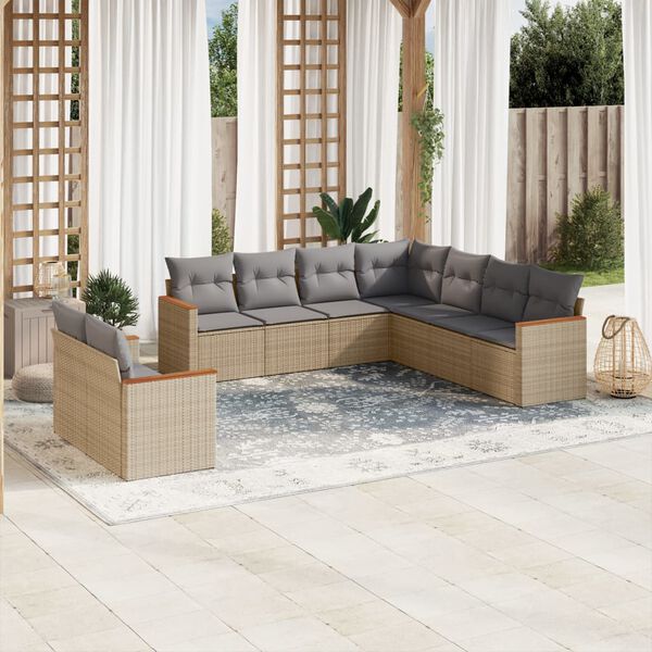 vidaXL 9 Piece Garden Sofa Set with Cushions Beige Poly Rattan