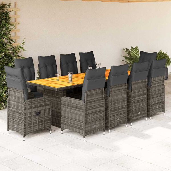 vidaXL 11 Piece Garden Bistro Set with Cushions Grey Poly Rattan