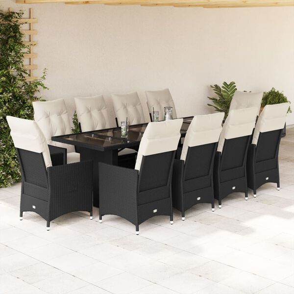vidaXL 11 Piece Garden Bistro Set with Cushions Black Poly Rattan