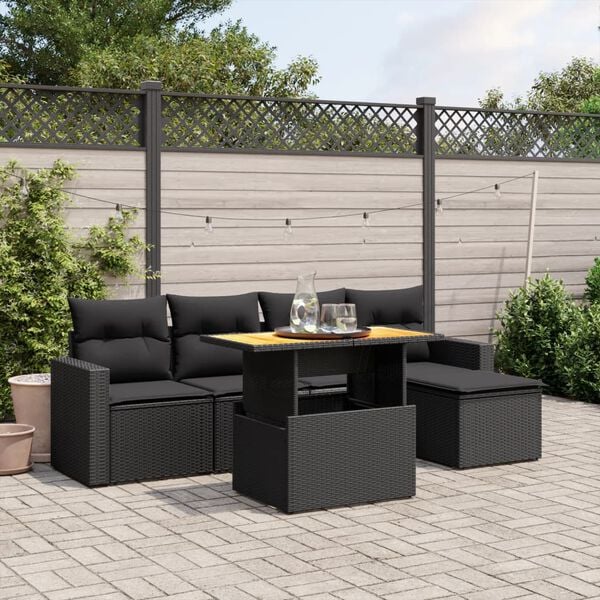 vidaXL 6 Piece Garden Sofa Set with Cushions Black Poly Rattan