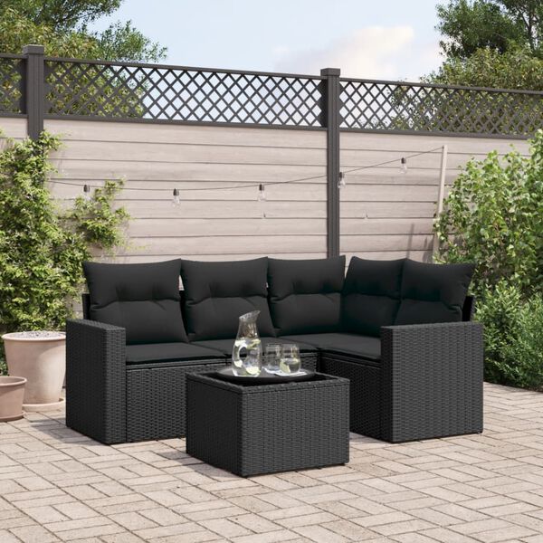 vidaXL 5 Piece Garden Sofa Set with Cushions Black Poly Rattan