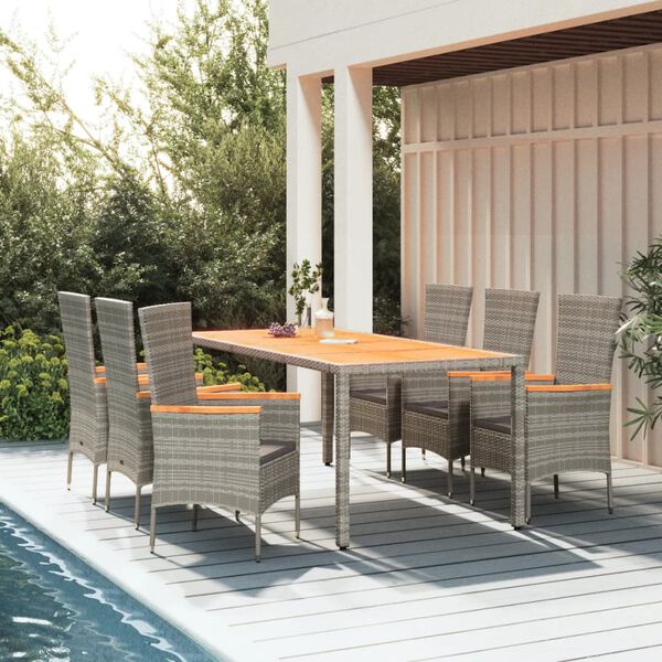 vidaXL 7 Piece Garden Dining Set with Cushions Grey Poly Rattan