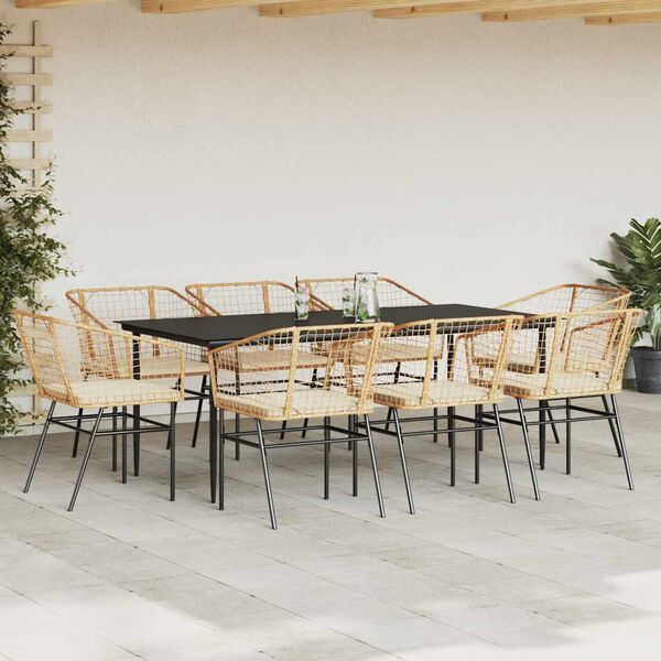 vidaXL 9 Piece Garden Dining Set with Cushions Brown Poly Rattan Glass