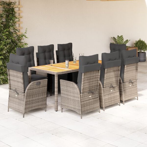 vidaXL 9 Piece Garden Dining Set with Cushions Grey Poly Rattan