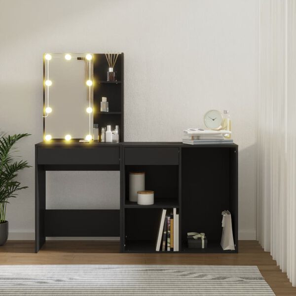 vidaXL LED Dressing Table with Cabinet Black Engineered Wood