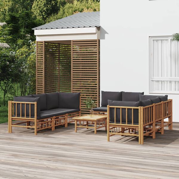 vidaXL 9 Piece Garden Lounge Set with Dark Grey Cushions Bamboo