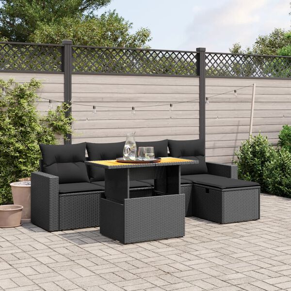 vidaXL 6 Piece Garden Sofa Set with Cushions Black Poly Rattan