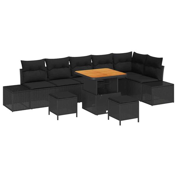 vidaXL Garden Sofa Set with Cushion 9 pcs Black Poly rattan
