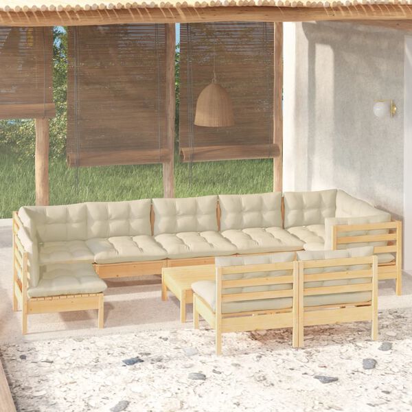 vidaXL 10 Piece Garden Lounge Set with Cream Cushions Solid Pinewood