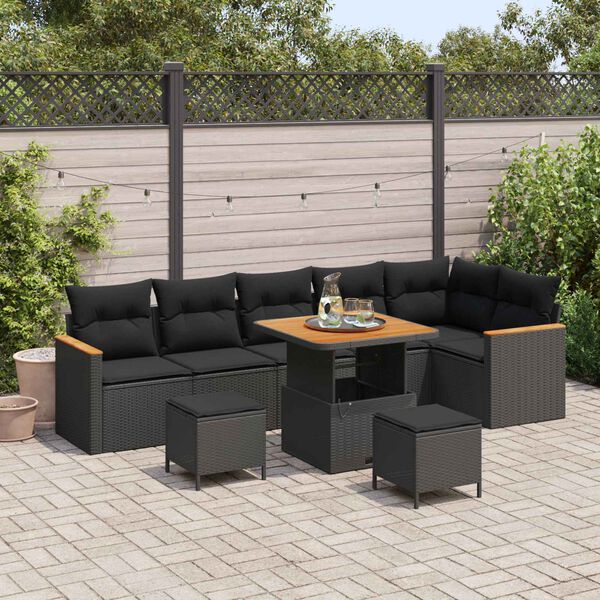 vidaXL Garden Sofa Set with Cushion 9 pcs Black Poly rattan