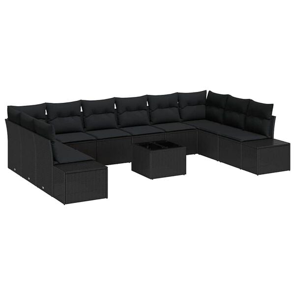 vidaXL Garden Sofa Set with Cushion 11 pcs Black Poly Rattan