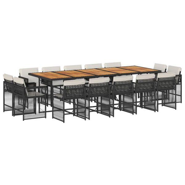vidaXL 15 Piece Garden Dining Set with Cushions Black Poly Rattan