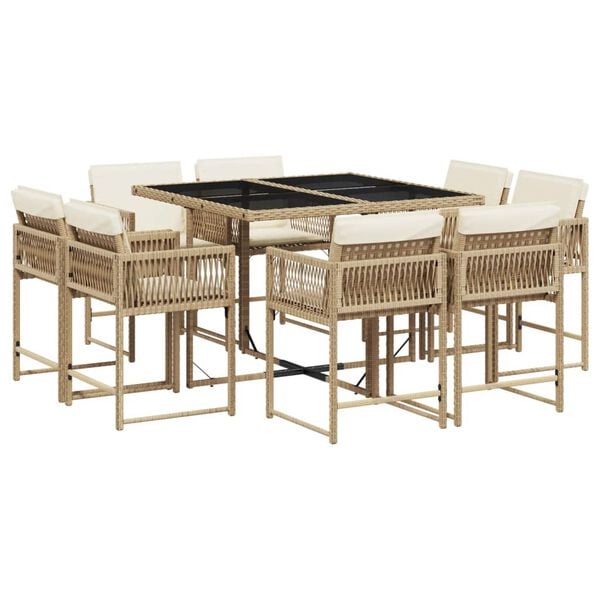 vidaXL 9 Piece Garden Dining Set with Cushions Beige Poly Rattan