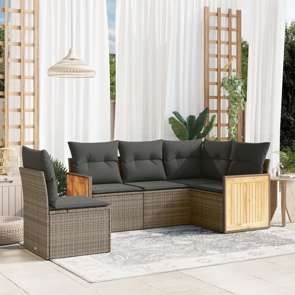 vidaXL 5 Piece Garden Sofa Set with Cushions Grey Poly Rattan