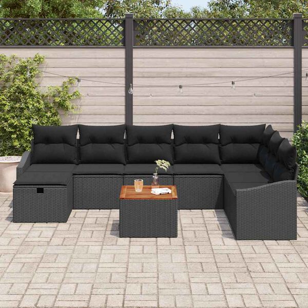 vidaXL Garden Sofa Set with Cushion 9 pcs Black Poly Rattan